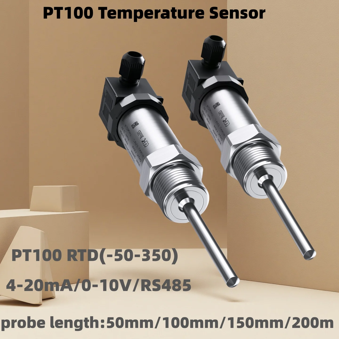 PT100 Temperature Sensor 6mm Probe Diameter -50-350C 4-20mA 0-10V M20*1.5 DC24V Temperature Transmitter