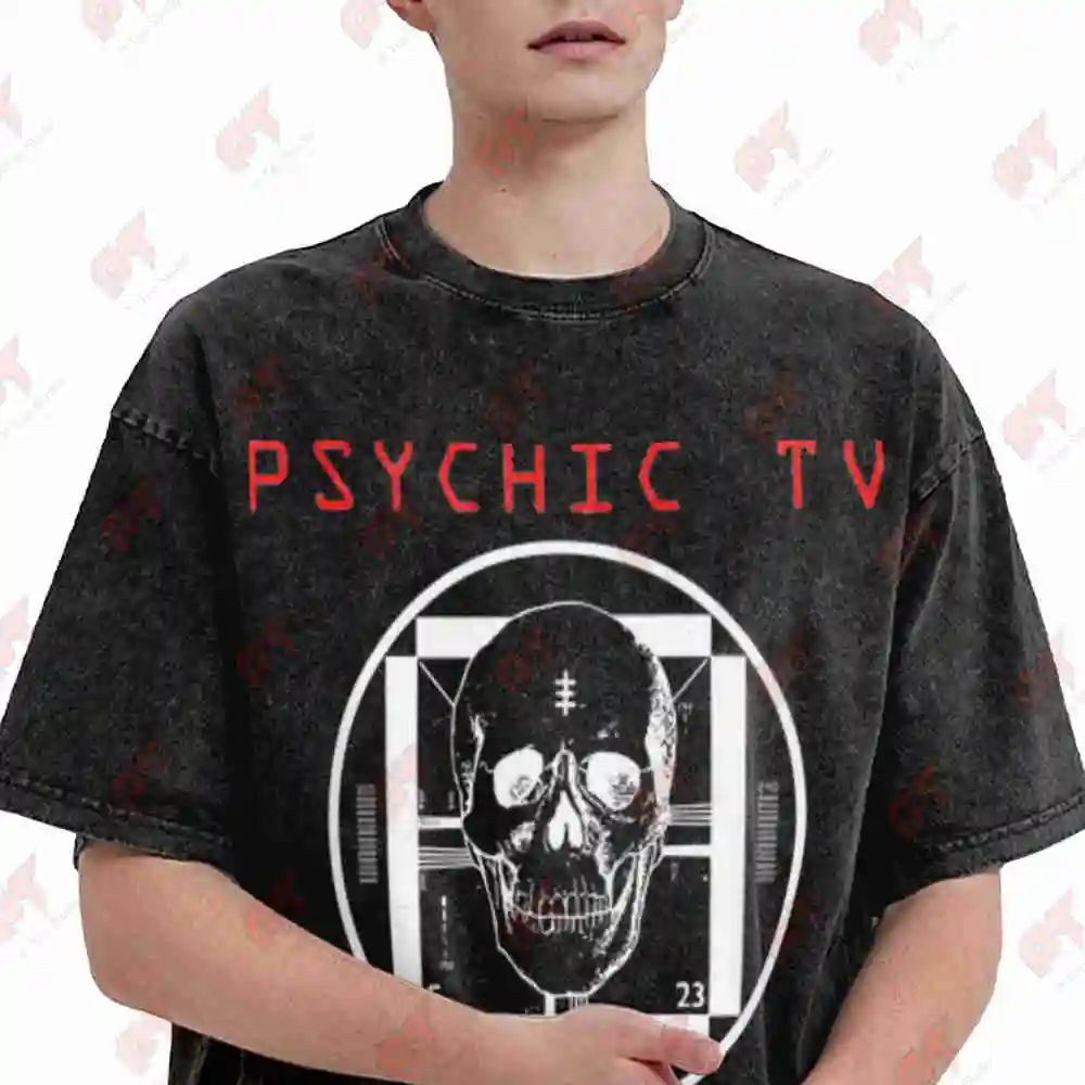 Psychic TV Skull Industrial Music Throbbing Gristle Vintage Washed Tee Pure Cotton T-Shirt
