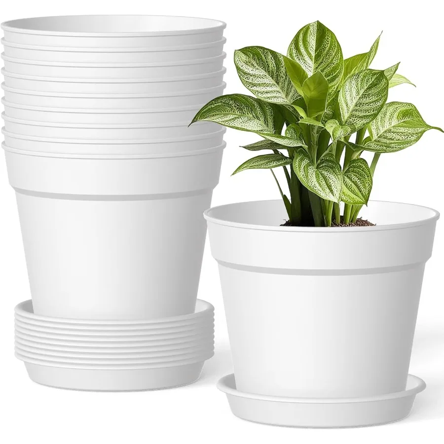 

10 Pack 6 Inch Plant Pots with Drainage and Saucers White Plastic Flower Pots for Indoor and Outdoor Plants Stackable Nursery P