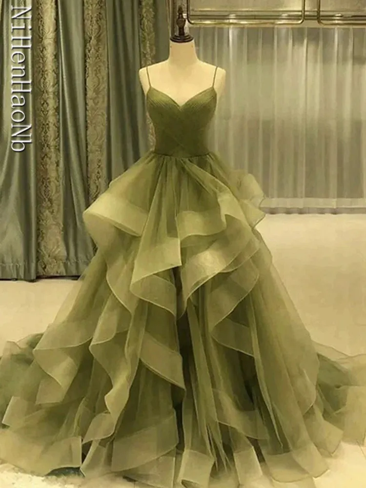 Fairy Green Evening Dresses Spaghetti Straps Ruffles Layers Long Party Prom Gown Vestidos Para Mujer