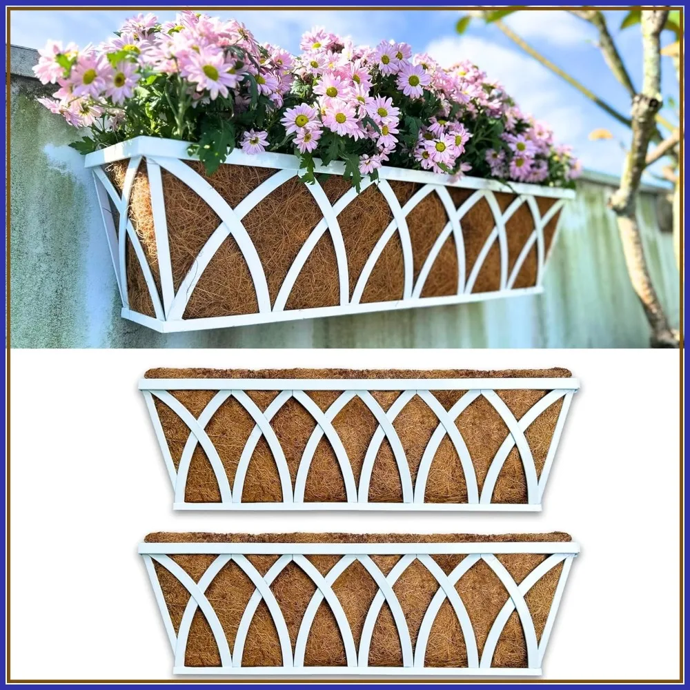 

24 Inch Rectangular Wall Planter 2 Pack White Metal Window Box with Coco Liner for Indoor Outdoor
