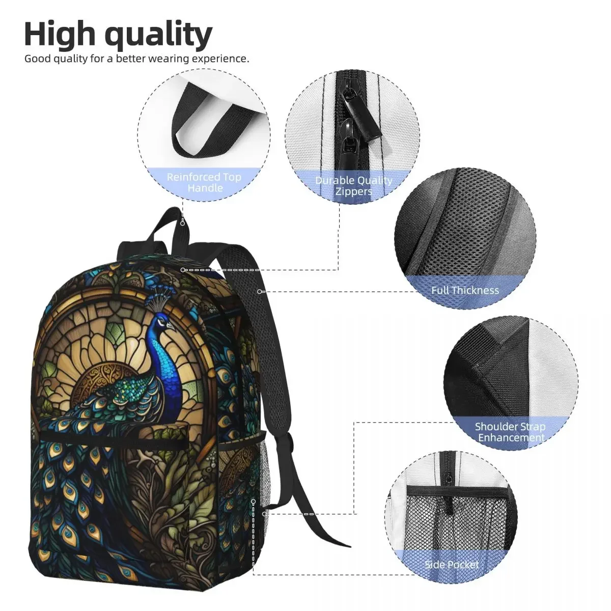 Stained Glass Peacock Backpack Student BookBag Kids School Bag Laptop Shoulder Bags for Men Women