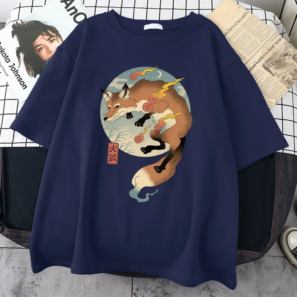 Fire Cartoon Fox Japanese Print Men T-Shirt Kawaii Cute Clothing Harajuku Casual Men's Shirt Oversized Round Neck Male T Shirts