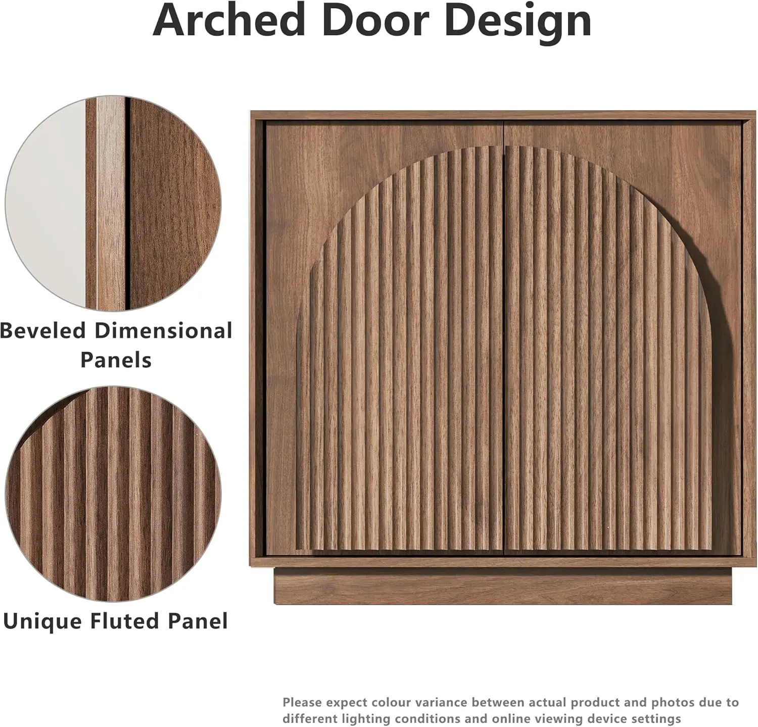 Fluted Sideboard Buffet Cabinet with Storage, 31.5 Mid Century Modern Accent Cabinet with Double-Layered Arch Door, Smal