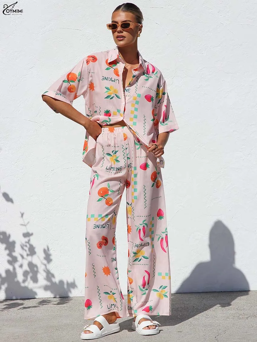 

Oymimi Fashion Pink Print 2 Pieces Set For Woman Elegant Lapel Half Sleeve Button Shirts And High Waist Straight Trousers Sets