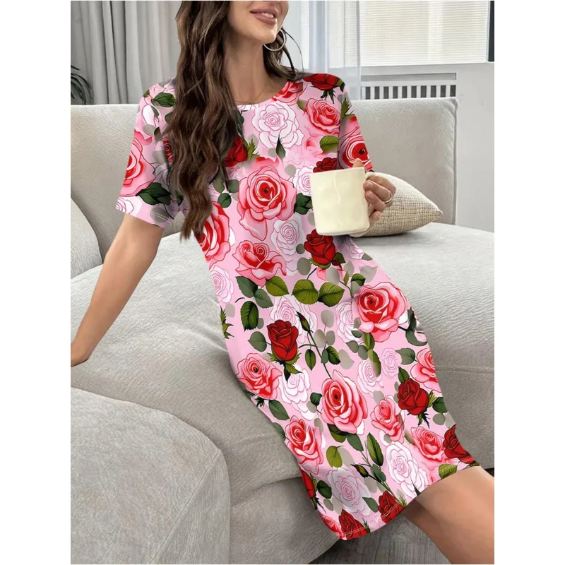 

Full Bloom Rose Flower All Over Print Ladies Sleep Dress Short Sleeve Loose Mini Casual Loungewear Tunic Dress
