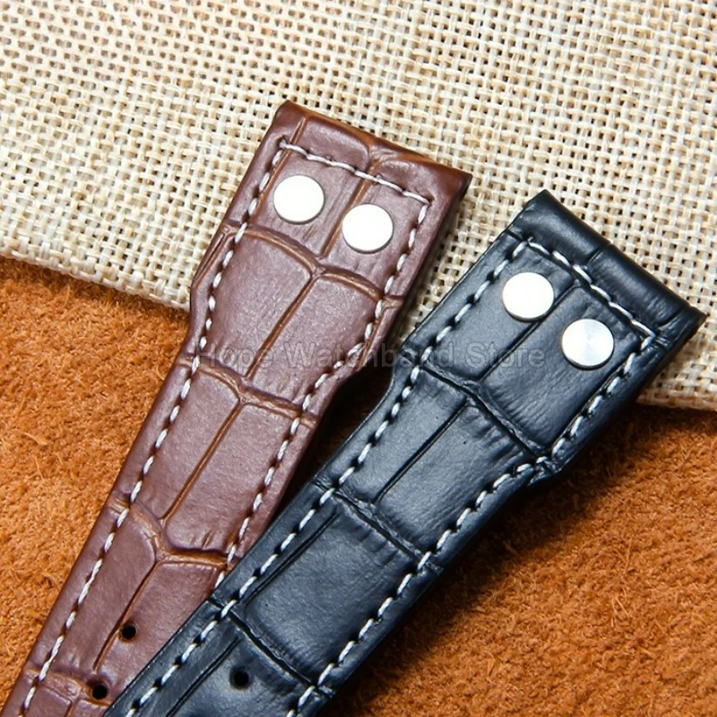 สายนาฬิกาหนังวัวแท้สีดำน้ำตาล ขนาด 20 21 22 มม. สำหรับนาฬิกา IWC Pilot's Portofino Spitfire ดีไซน์ตกแต่งหมุดยึดแบบเรียบ