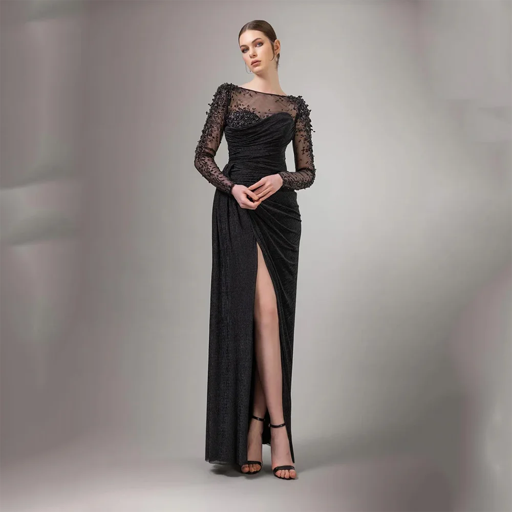 

Длинные вечерние платья с вырезом лодочкой и длинными рукавами по индивидуальному заказу. Элегантные платья для выпускного вечера для торжественных случаев. 2025 платья для выпускного вечера с разрезом до бедра.