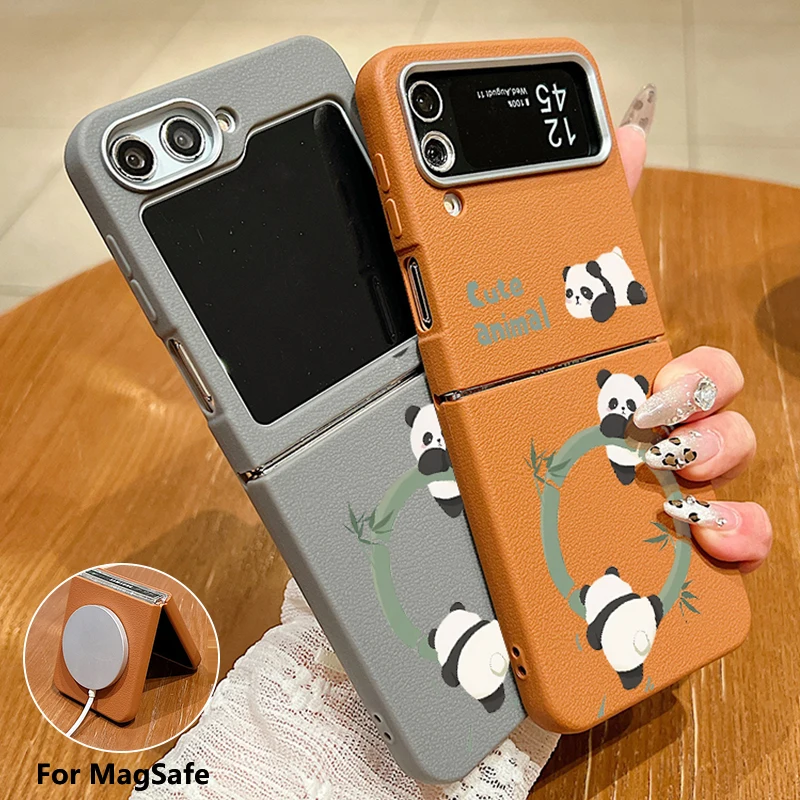 Panda Pattern Magnetic For Magsafe Phone Case For Samsung Galaxy Z Flip 6 5 4 3 5G Soft TPU Leather Cover For Samsung Z Flip5