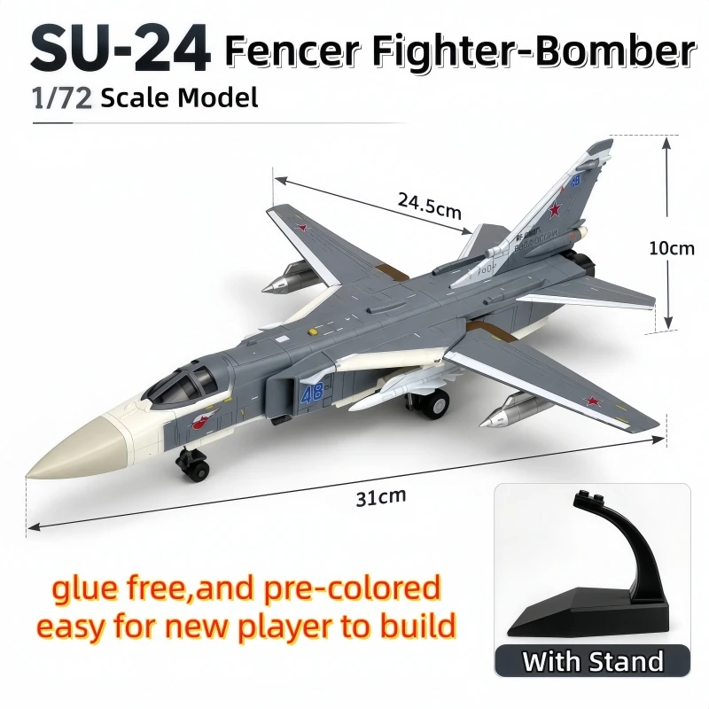 1/72 Scale Military Series SU-24 Fencer Fighter-Bomber Building Blocks Pre-colored Aircraft Model With Stand Toys For Xmas Gifts