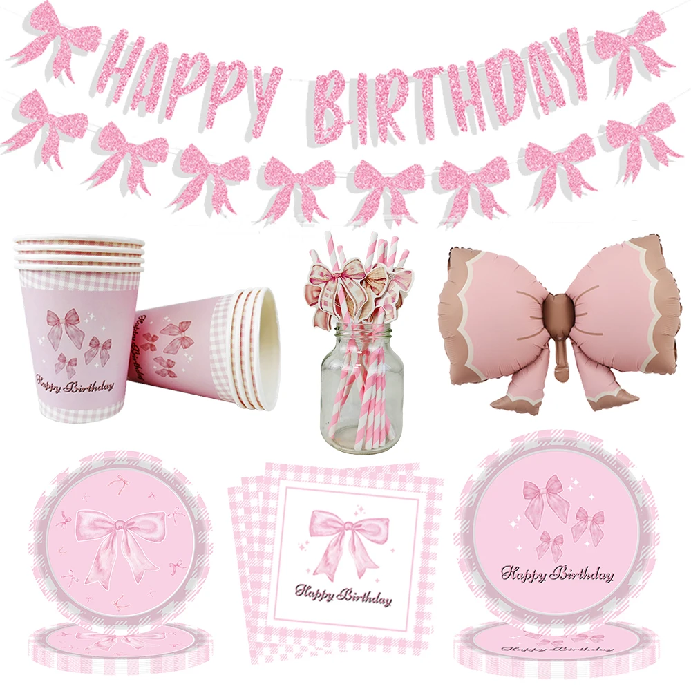 Pink Bow Party Decor Pink Bow Paper Plates Cups Napkins Girl Birthday Party Tableware Wedding Baby Shower Decoration Supplies