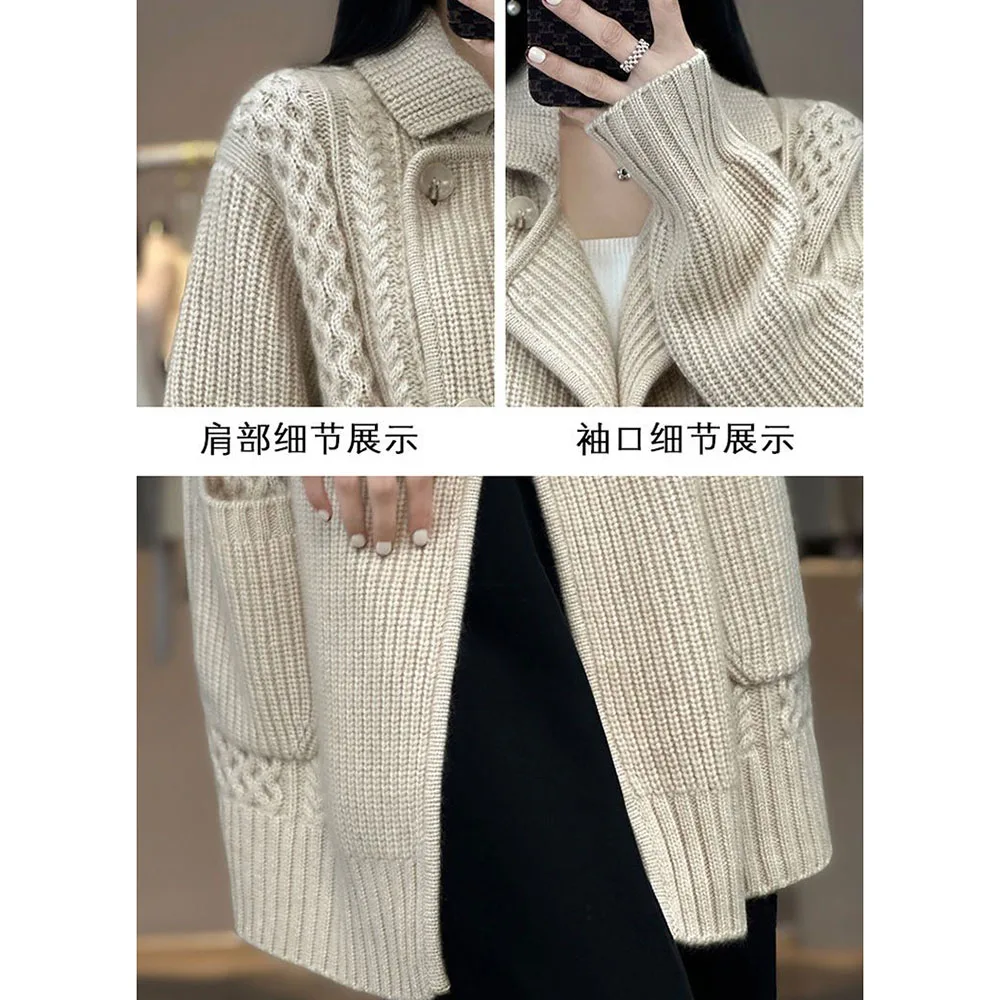 New Thicken Mid-Length Knitted Sweater Women Suit Collar Double Breasted Cardigans Casual Loose Chic Cardigan Sweater With Belt