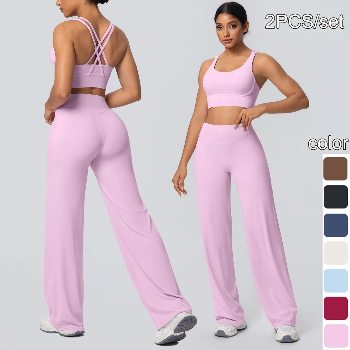 New 2 Pieces Set for Woman High Strength Naked Feel Cross Bra Gather Workout Top Gym Outdoor Running Wide Leg Pants Sports Set