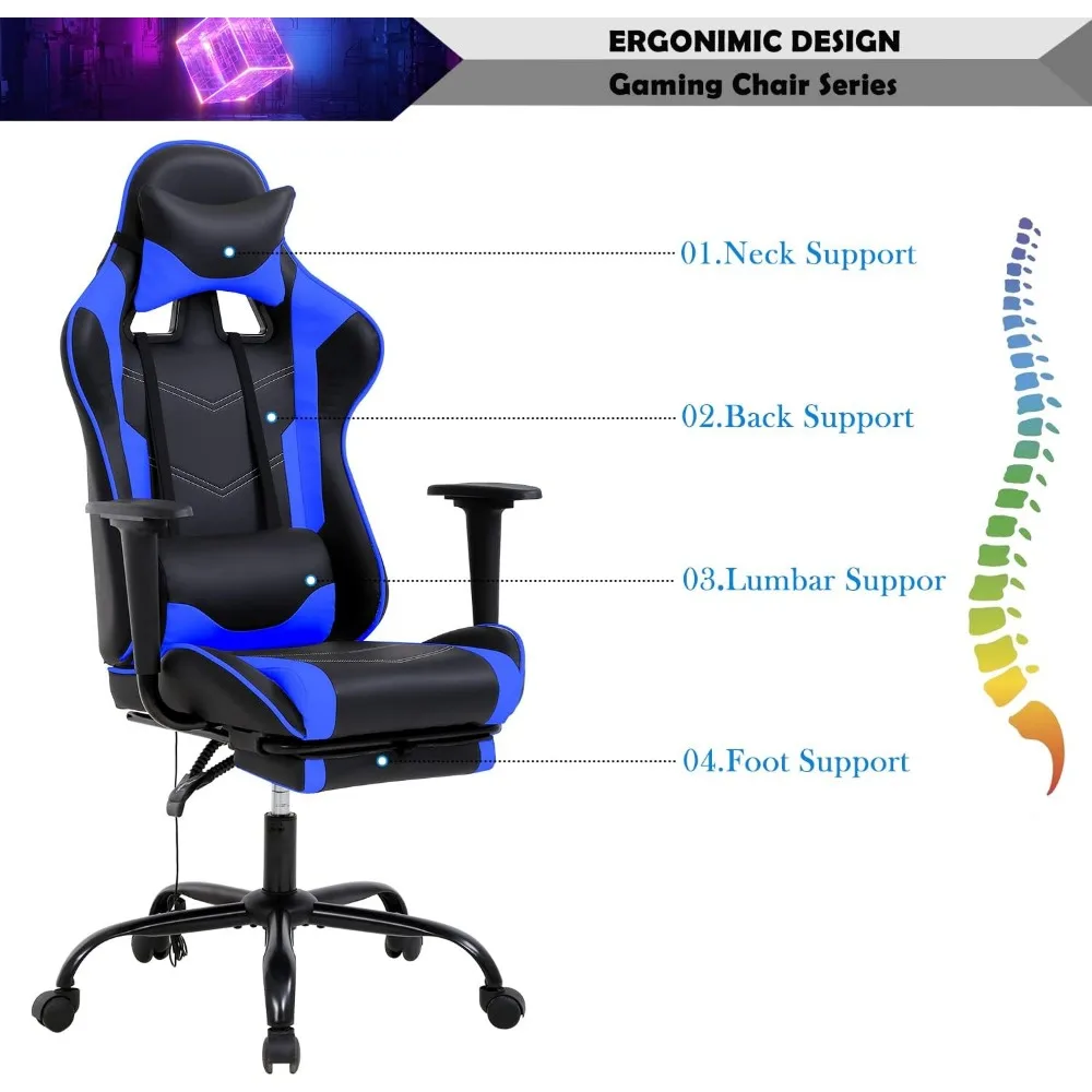 Blue Massage Gaming Chair with Footrest, PU Leather Gaming Chairs for Adults, High Back Office Chair Ergonomic Desk Chair Comput