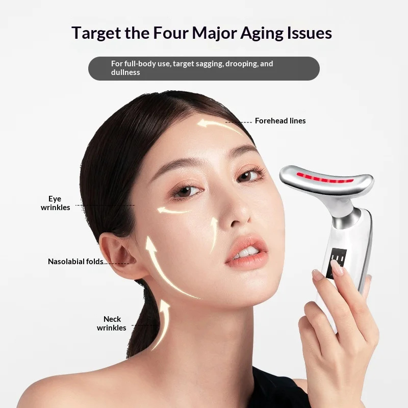 Cross-border Micro-current Neck & Facial Beauty Device with Colorful Light Vibrating EMS Massage Stick for Home Use Firming