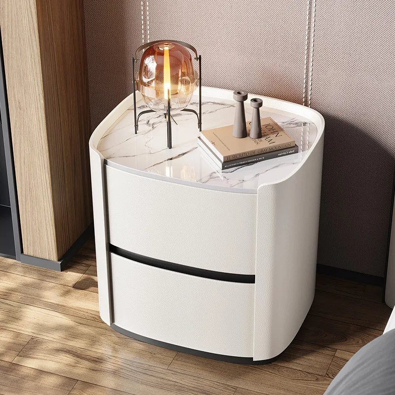 Modern Bedroom Furniture Small Marble Nightstand with 2 Drawers Wooden White Bedside Table