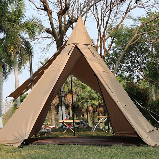 4-6 Person High Quality Glamping 300D Polyester Pyramid Tent Chimney Hole Outdoor Camping Indian Tent