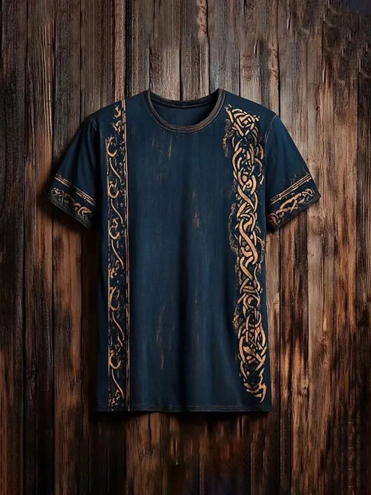 

New Tribal Ethnic Rune-printed Men's Fashionable T-shirt Retro Style Outdoor Street Men's Loose-fitting Short-sleeved Shirt