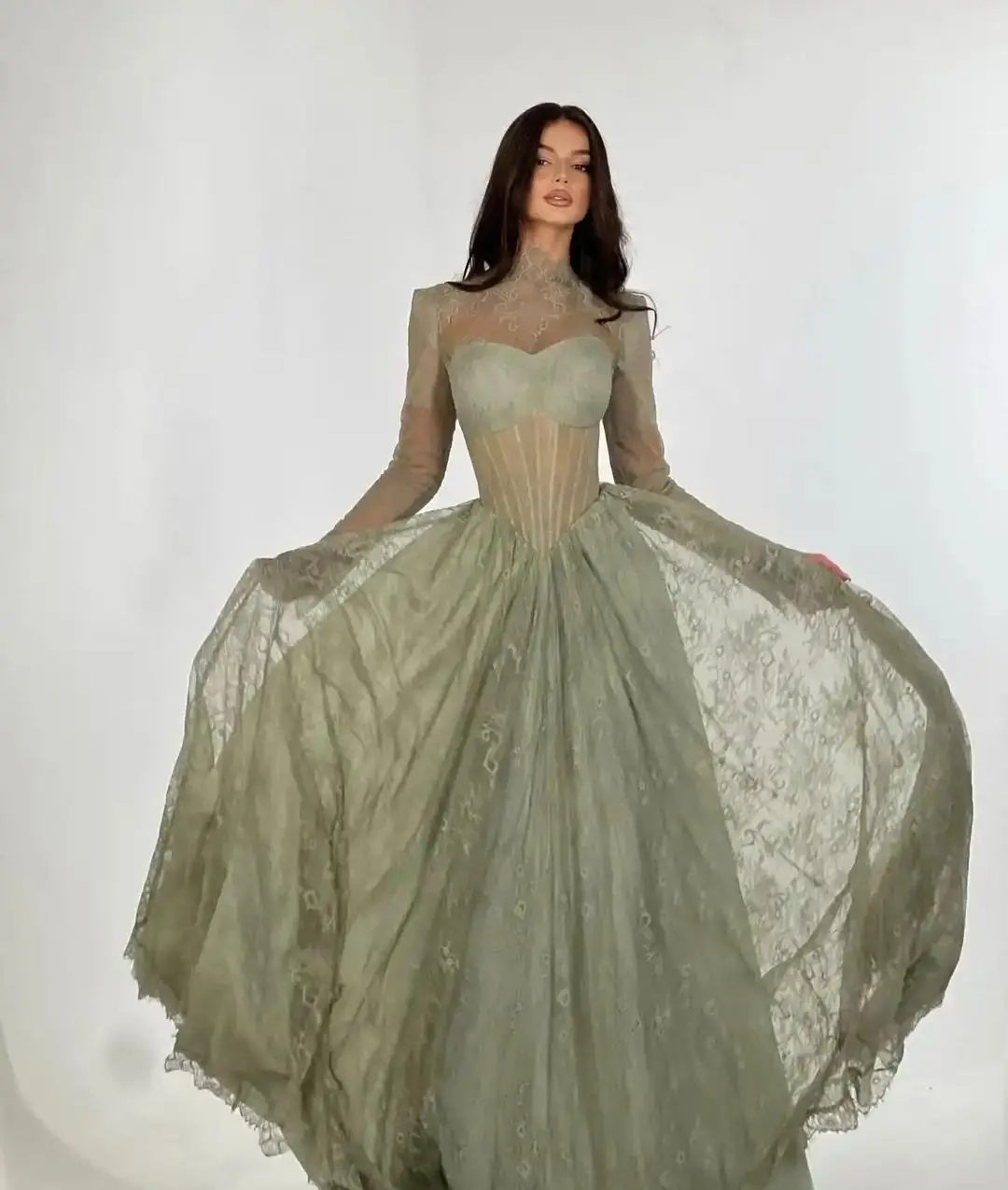 Ofherown – robe de soirée en dentelle vert sauge, col haut, transparente, ligne a, manches longues, Corset, robes de bal pour fête, tapis rouge, personnalisé, 2026