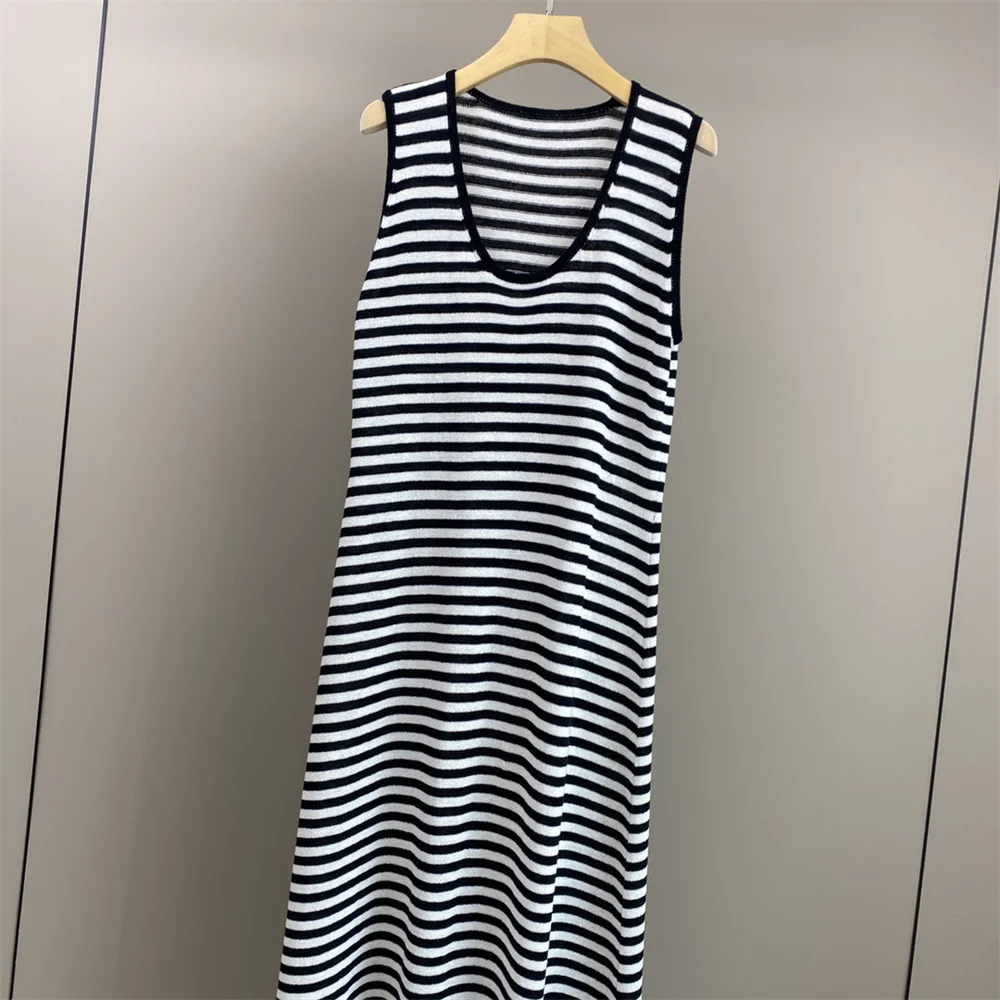 26 Spring And Summer Women's Clothing Striped Commuter Dress U-Neck Knitted Sleeveless Long Vest Dresses