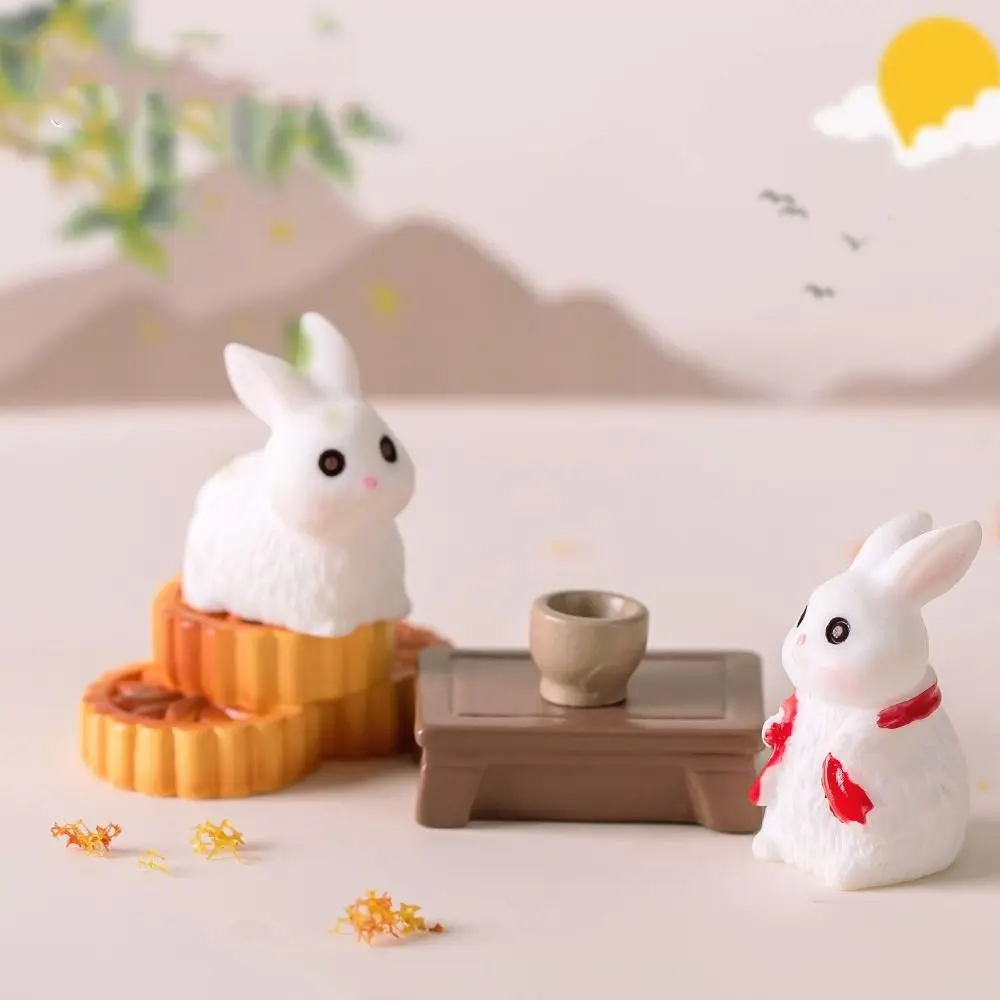 Cute Moon Cake Rabbit Miniatures Realistic Chinese Style Mid-Autumn Rabbit Ornaments Resin Crafts DIY Micro Landscape Decoration