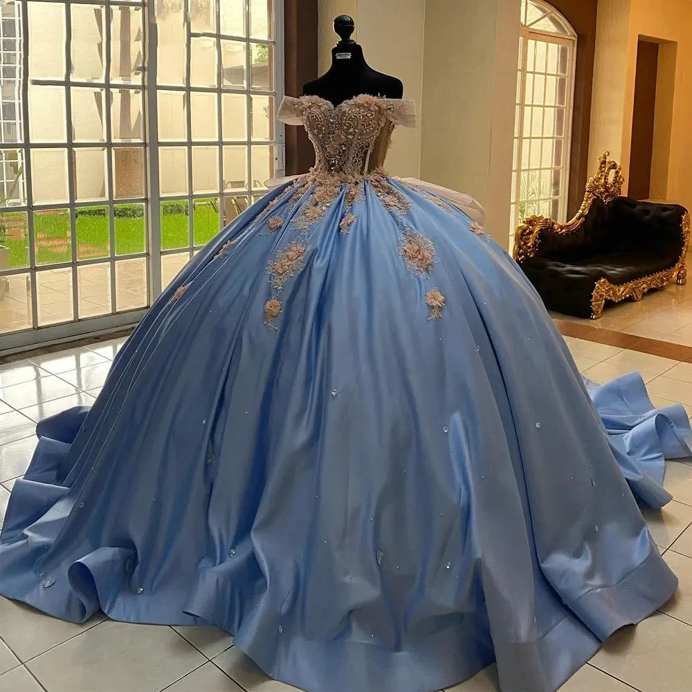 Customized New Mexican vestidos de xv años Floral Bandage Bow Satin Ball Gown Sweet 16 Year Girl Quinceanera Prom Party Dress 14