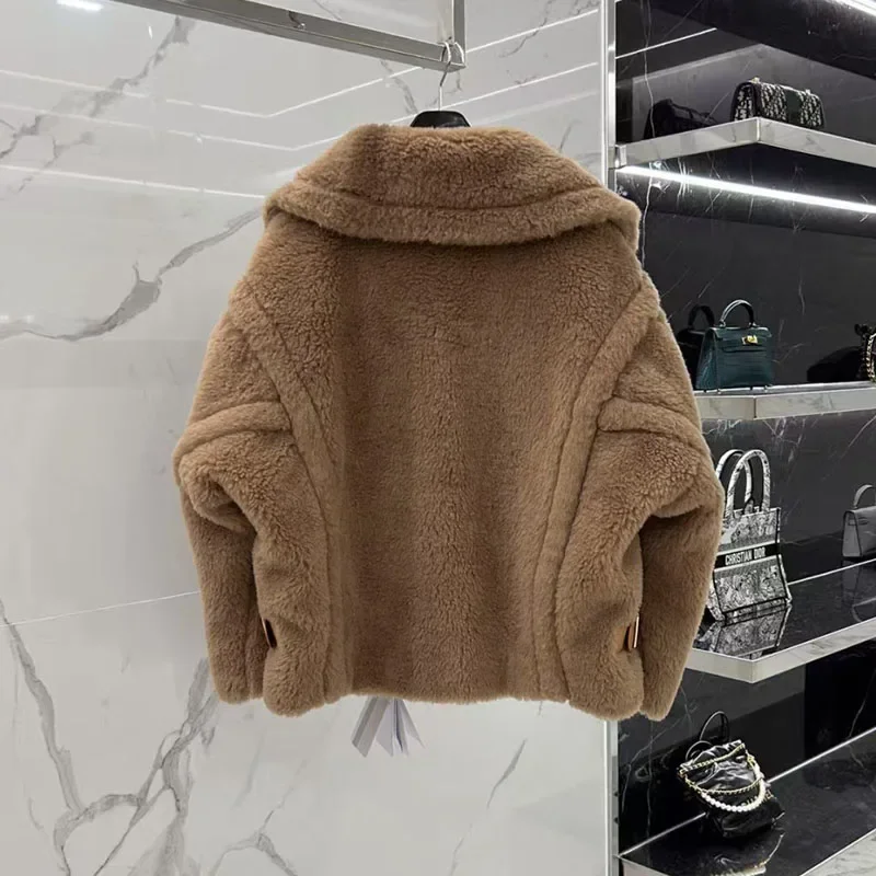 Real Sheep Wool Jacket Alpaca  Silk Women Coat Winter Short Length Thick Warm Turn-Down Collar Female Clothes High Quality