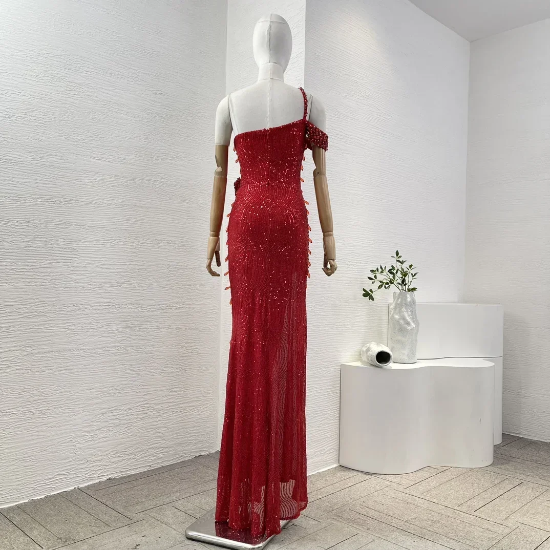 2024 Autumn Red Cut Out One Shoulder Diamonds Sequined Side Slit Maxi Sexy Dress for Women