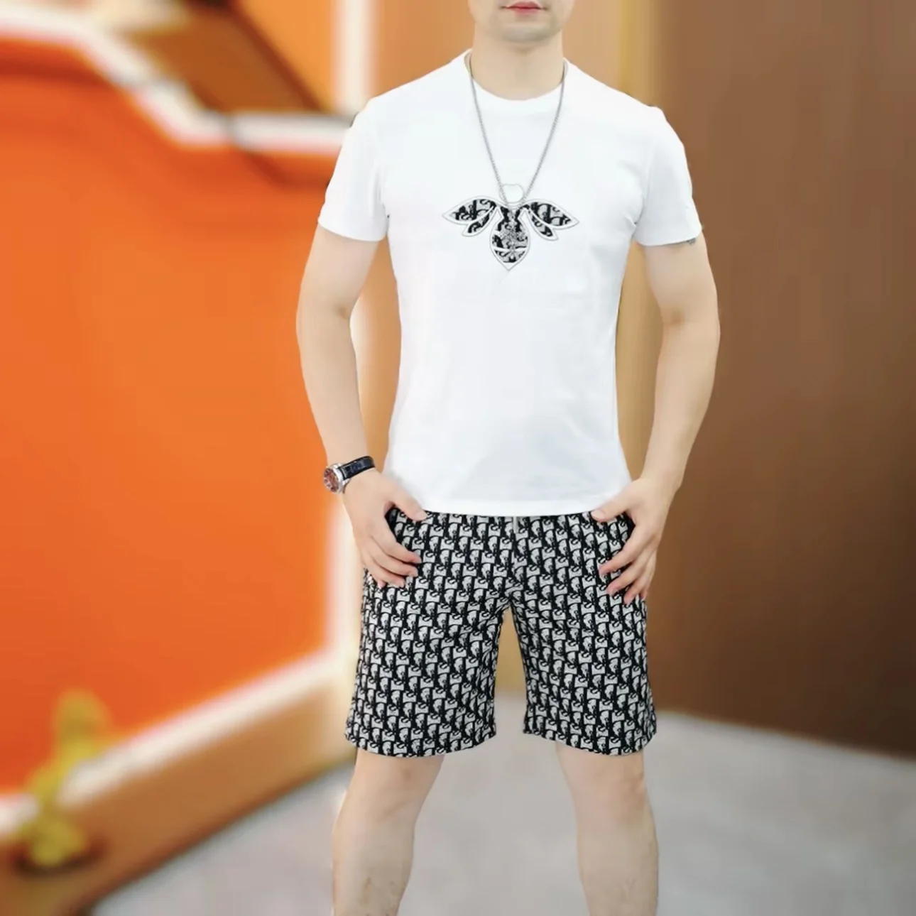 

Summer New Men's round Ne Digital Printing ort Sve ort Pants Set Faion Slim Fit Elastic Youth Polyester Fiber T-irt