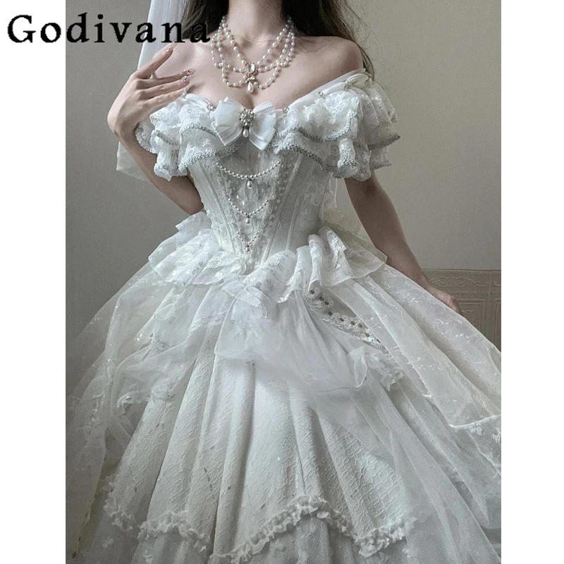 

Heavy Craft Gorgeous Original Lolita Wedding Off-Shoulder Dress Birthday Coming-of-Age Ceremony Princess Style Evening Gown