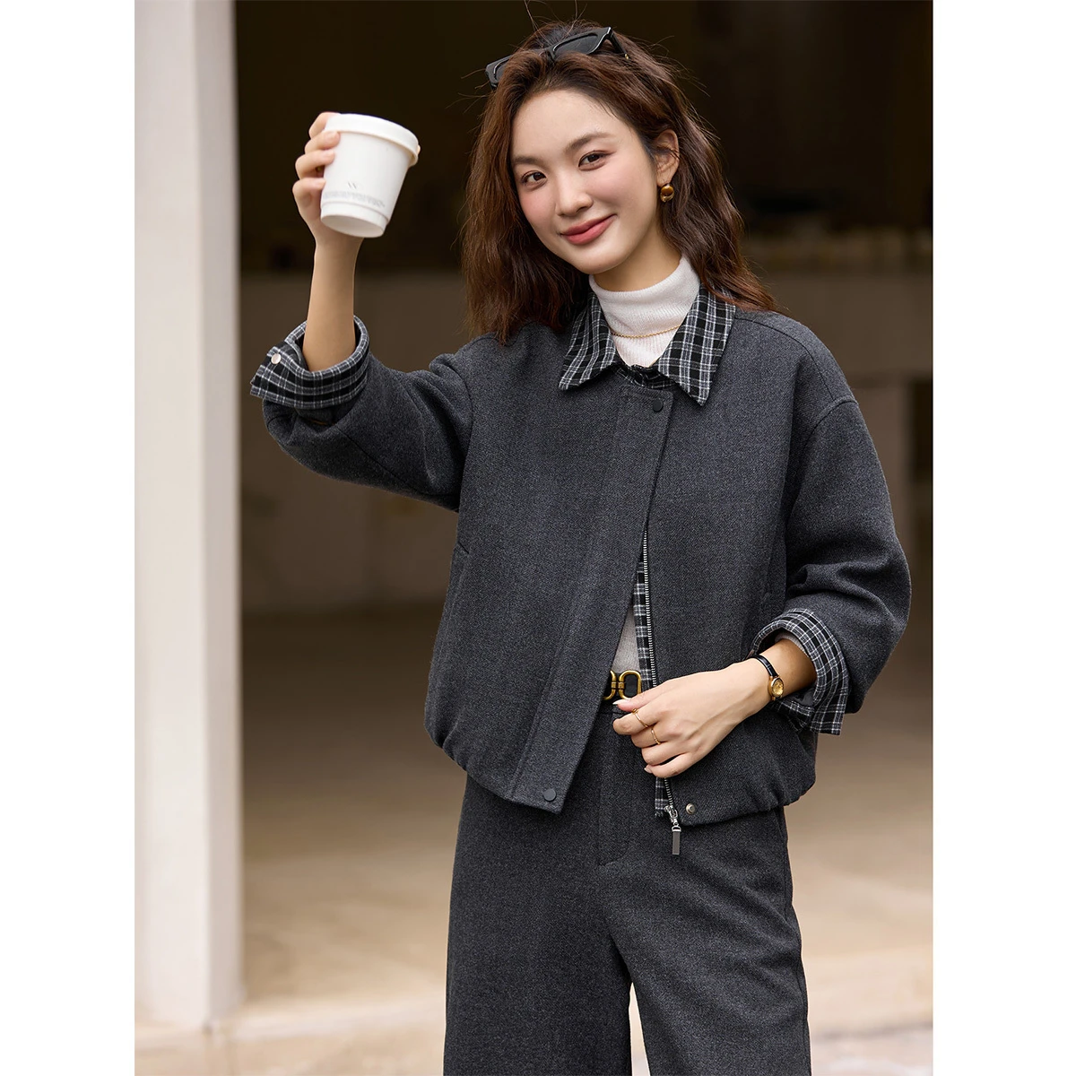 VIMLY Cappotti da donna 2025 Inverno Retro Falso in due pezzi Colletto corto con risvolto Plaid Splice Giacca Allentata Dritto Abiti femminili A3310