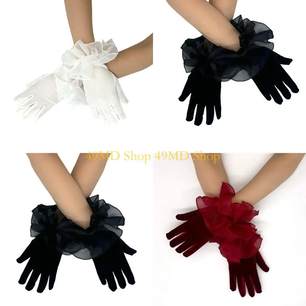 49md-レースフリルショート手袋ベルベットハンドグローブ結婚披露宴ディナーイベント用