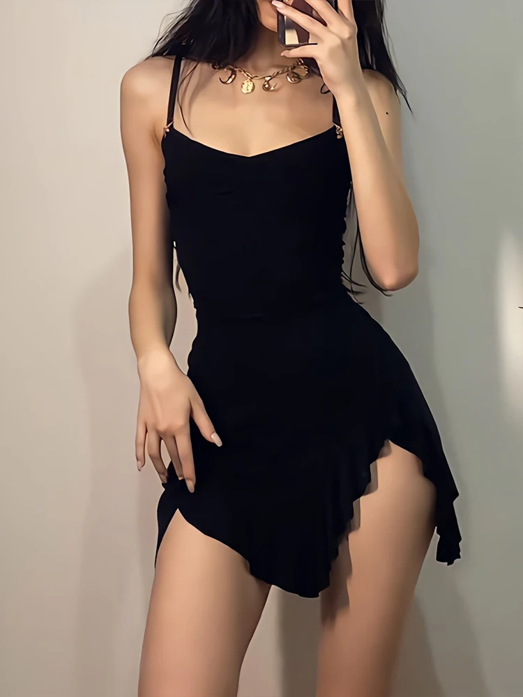 Summer Sexy Mini Dress Women Sleeveless Strap Streetwear Backless Folds Bodycon Split Black Dress Party Elegant A-LINE Dresses