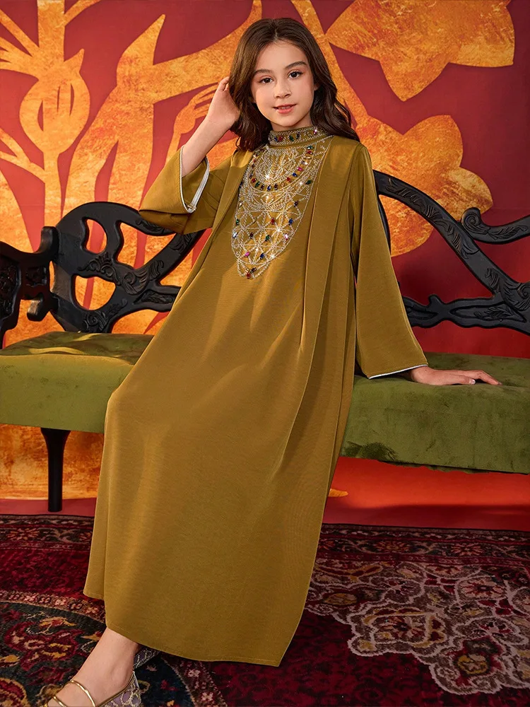 

Ид Мубарак мусульманское детское платье макси с длинными рукавами и бриллиантами для девочек, халат, Марокко, Рамадан, исламская детская одежда, арабская Абая, Турция