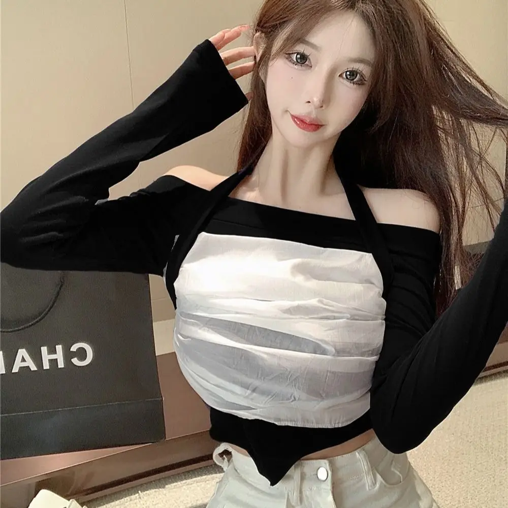 Angled Collar Halterneck One-Shoulder T-Shirt For Women Irregular Mesh Contrasting Korean Style Autumn Fashion Short Top