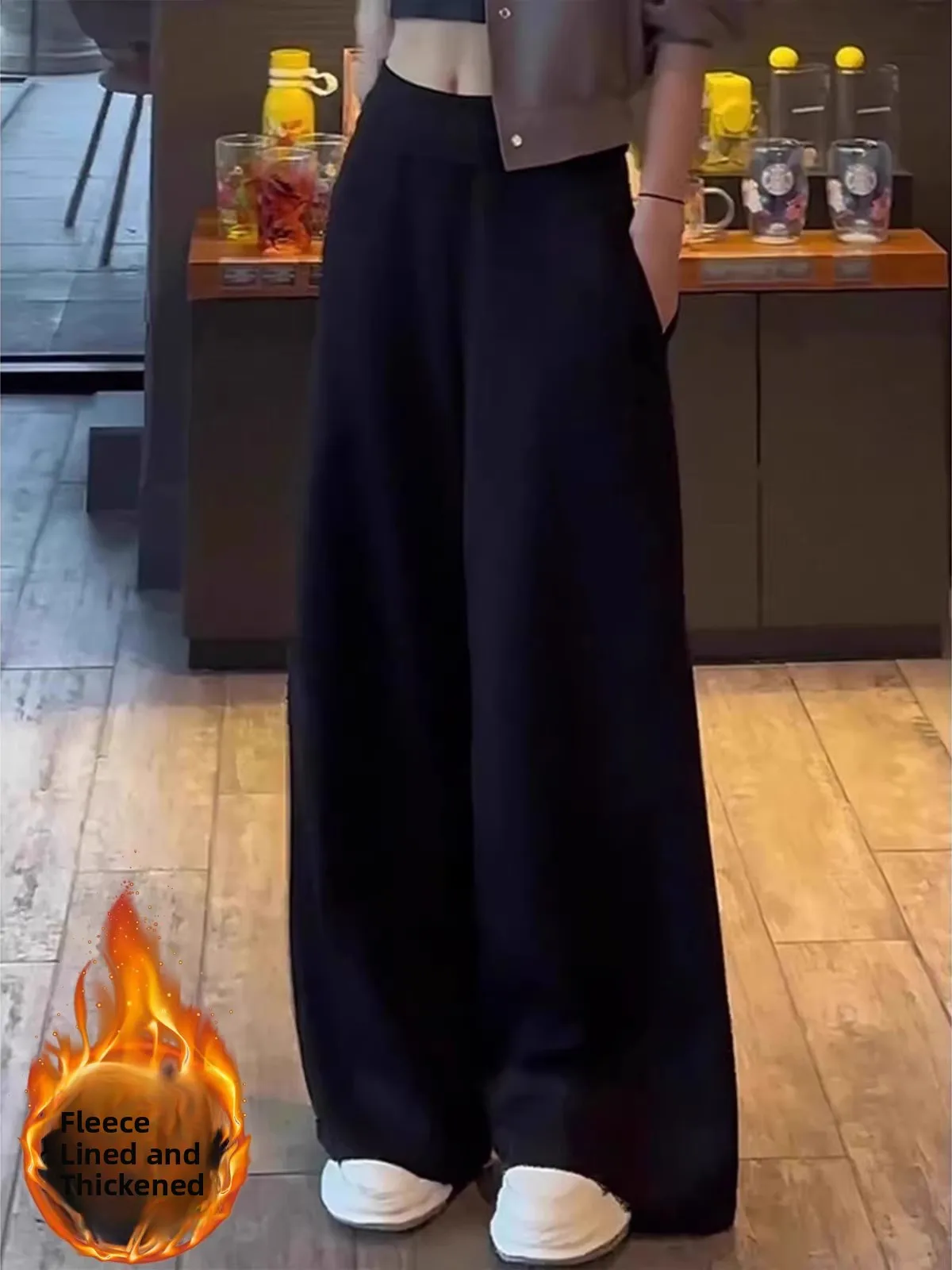 

Bla Fce Lined Casual Sports Pants Women's Thiened Straight Leg Loose Wide Leg Pants Autumn Winter New Sle Hot S