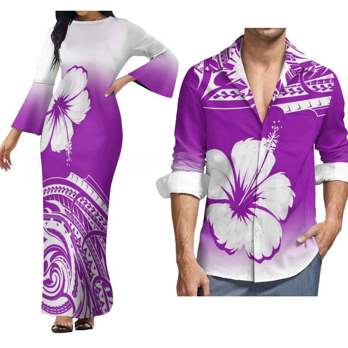 

Custom Women'S Long Sleeve Dress Polynesian Tribe Design Women'S Long Skirt With Men'S Long Sleeve Shirt Couple Set