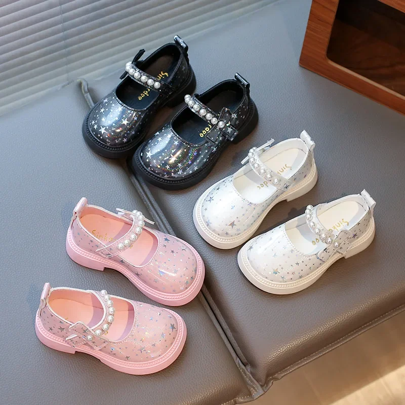 2025 Shoes NewGirls Leather Shoes for Party Wedding Kids Princess Rhinestones Shoes with Bow-knot Fashion Children