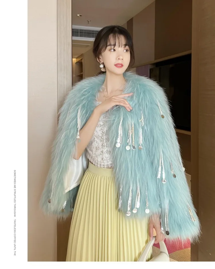 2023 Winter New Fox Fur Fur Coat Women\'s Short Young Fashionable Sequins Tassel Imitation Raccoon Fur Long Fur Faux Fur Coat