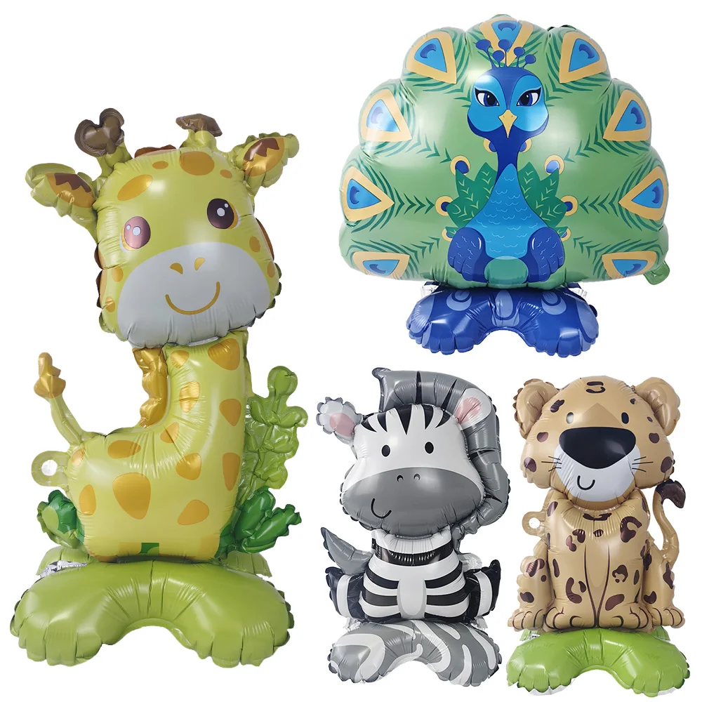 Globo de animales de pie con tema de jungla, pavo real, jirafa, cebra, leopardo, niño, niños, Safari, Baby Shower, cumpleaños, decoraciones para fiesta de zoológico