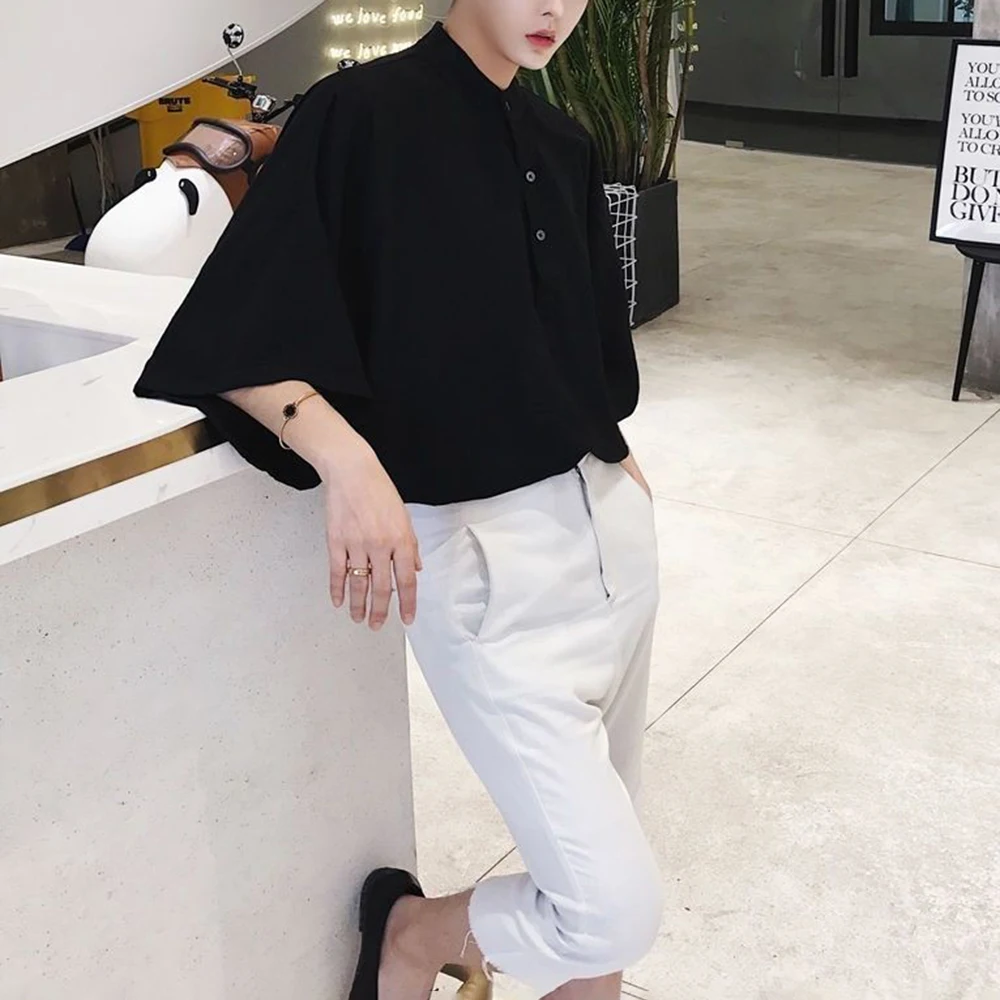 XS-5XL Summer Male Solid Color Batwing Sleeve T-Shirt American Retro Fashion Trend High Street Casual Loose Breathable Men's Top