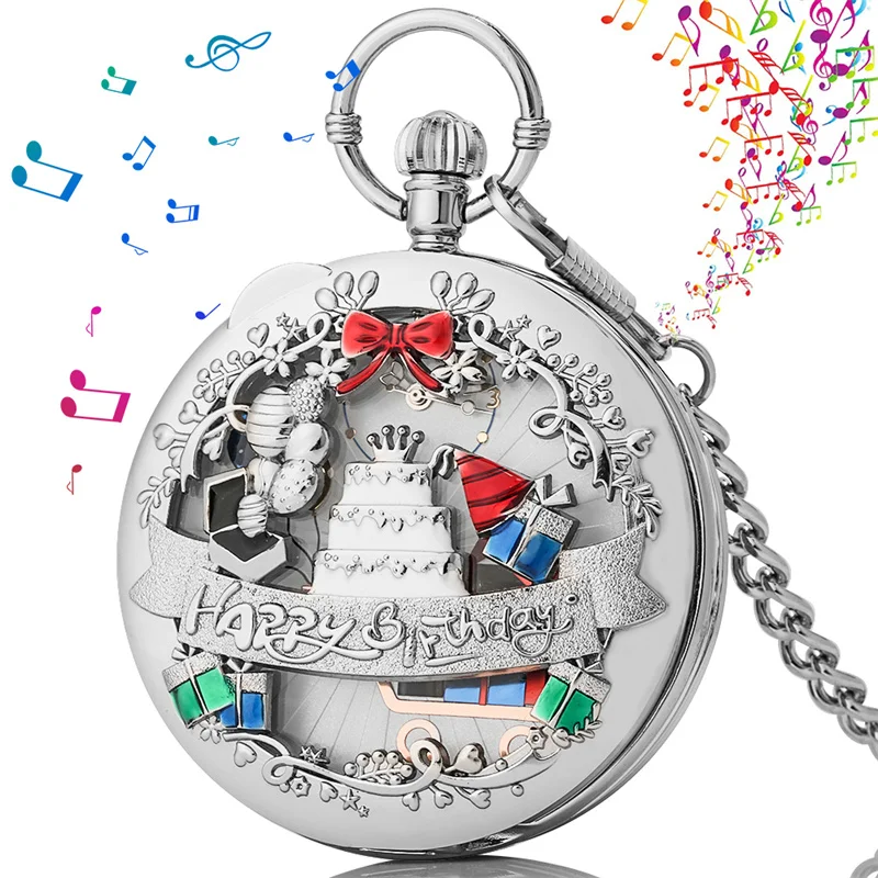 

Creative Happy Birthday Musical Pocket Watch with Cake Gift Decorative Design Manual Quartz Movement Timepiece with Chain Gifts