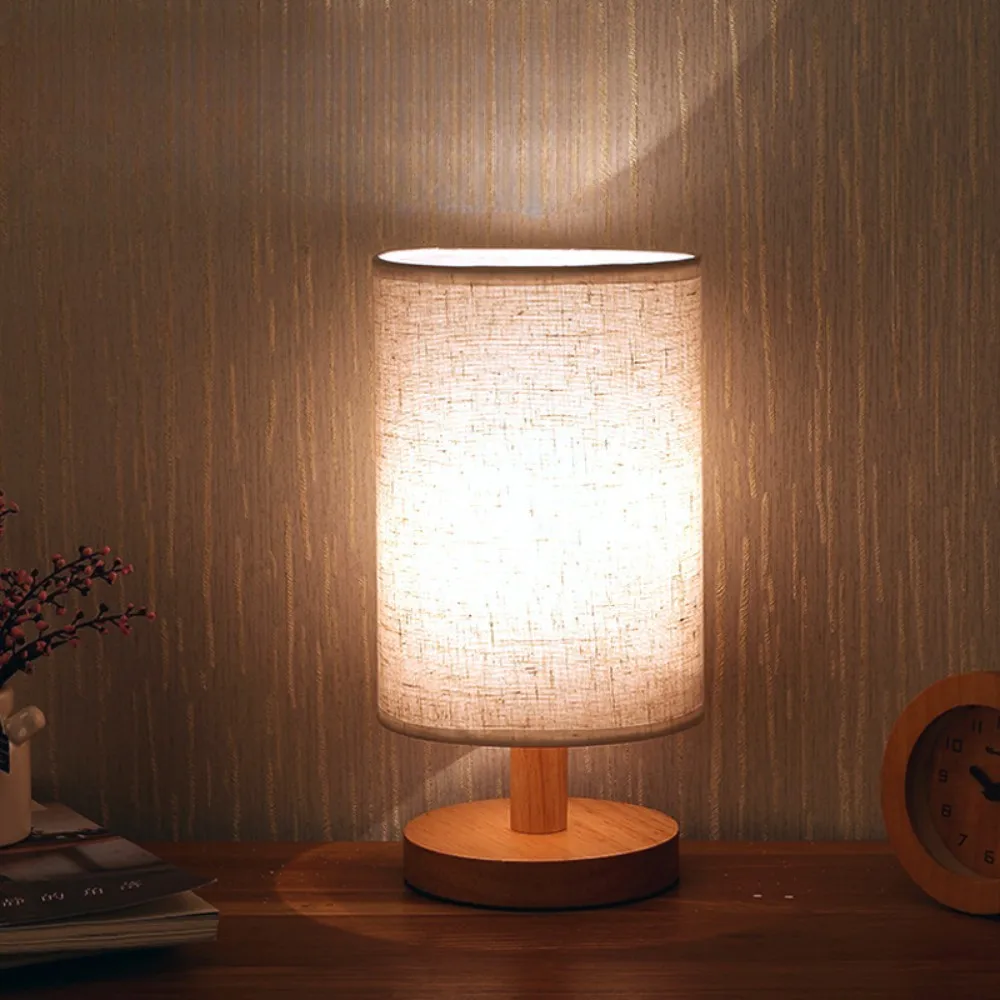 

Nordic Style Solid Wood Fabric Shade USB Powered LED Bedside Lamp for Bedroom Study Dorm Room with Remote Control Night Light
