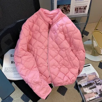 Inverno ultraleve casual manga longa zíper casaco curto rua moda outerwear feminino rosa amor design algodão acolchoado jaqueta