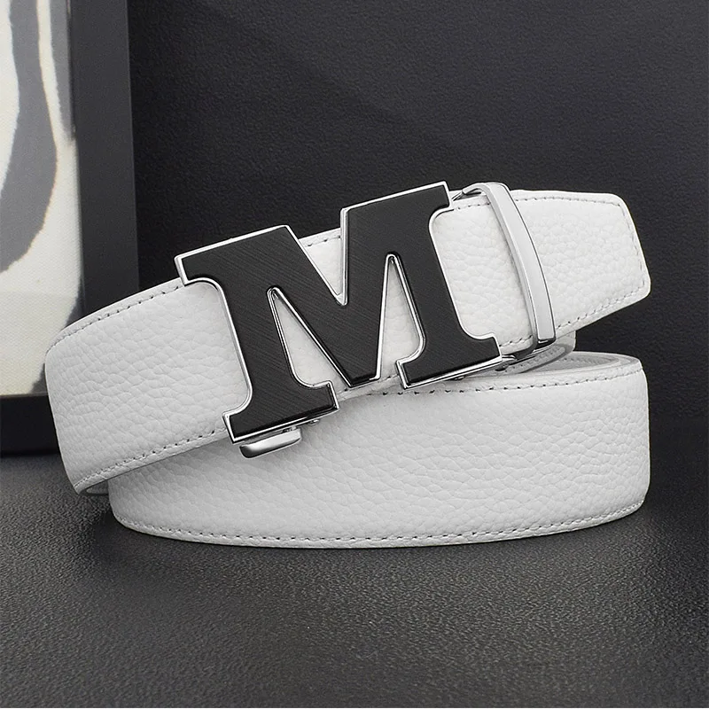 

Designers Letter M White Leather Belt Men Luxury Famous Young Men Cowhide High Quality Brand Jeans Relaxed Jeans Mode Man Belt