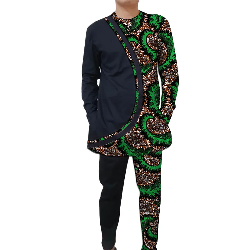 Tailor Original Design Nigerian Styles Men\'s Outfit Patchwork Shirt+Trouser 2 Pieces Pant Set African Print  Male Groom Suits