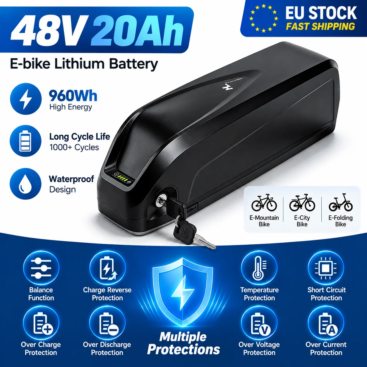 48V 20Ah E-Bike-Akku 960Wh 30A BMS Wasserdichter Li-Ion-Akku für das Unterrohr mit Ladegerät für Elektrofahrräder Bafang BBS02 BBSHD 500W-1000W EU-Lager