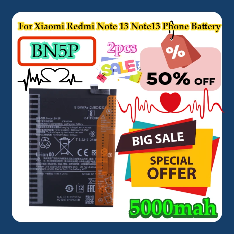 

2pcs For Xiaomi Redmi Note 13 Note13 Phone BN5P Battery