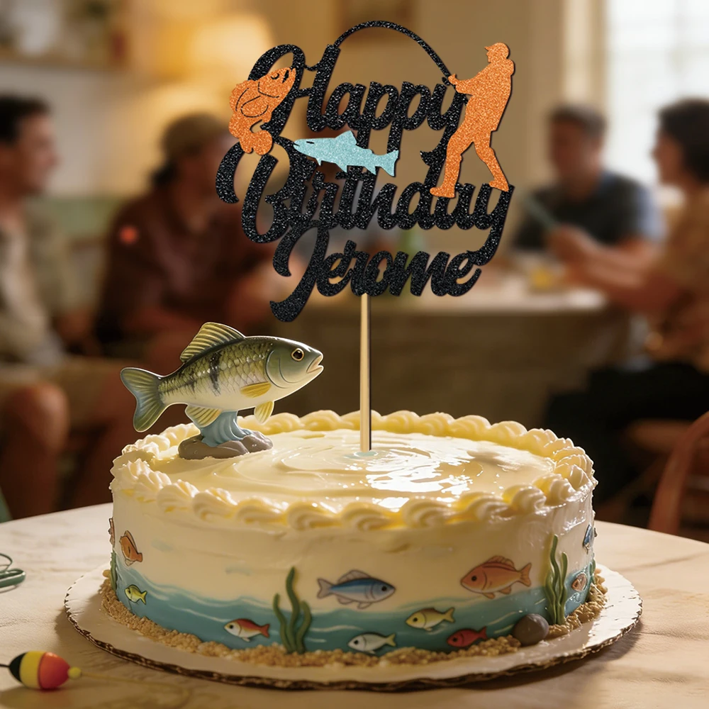 1 Stück personalisierter Tortenaufsatz zum Geburtstag mit Angelmotiv, Kuchendekoration, perfekt für Angelliebhaber und Angler-Geburtstagsfeiern