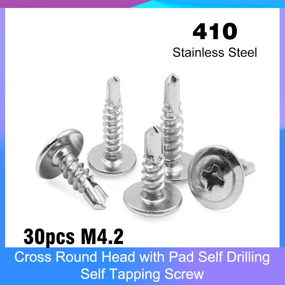 

30pcs M4.2 410 Stainless Steel Cross Round Head with Pad Self Drilling Self Tapping Screw